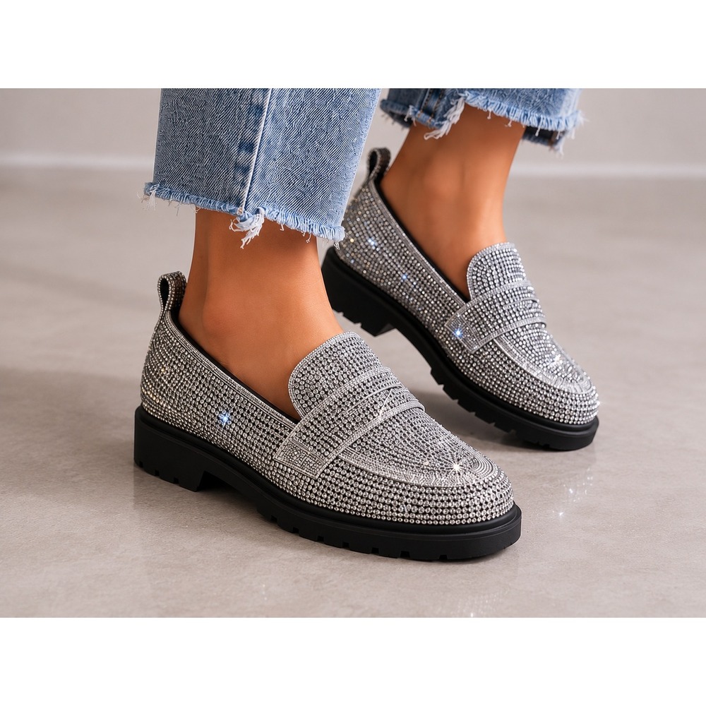 MIX NO. 6 Rhinestone GAYA Loafer Lug Sole Women 6M Silver Sparkle Glam Statement